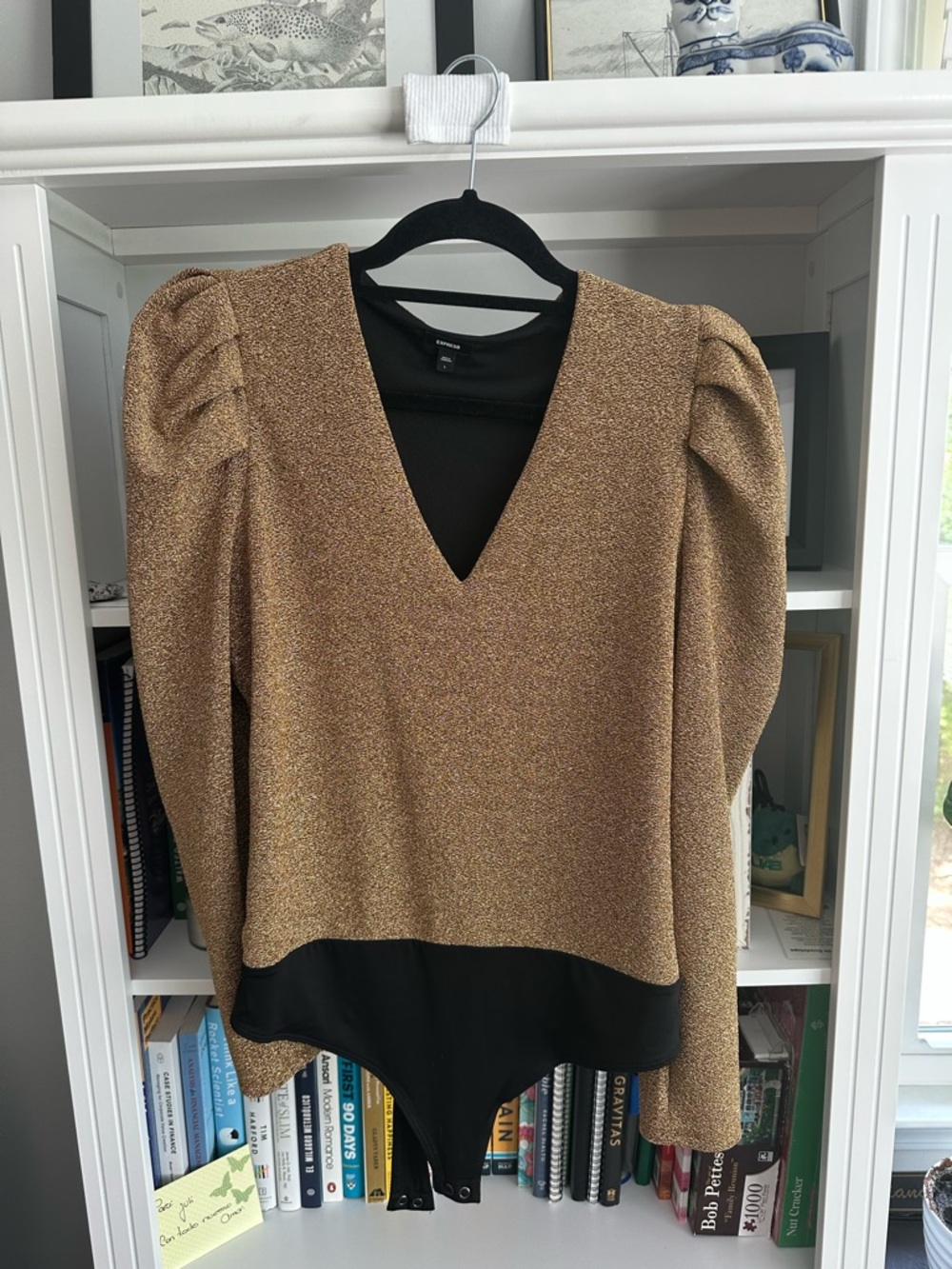 Express Gold Lurex V-Neck Bodysuit Top